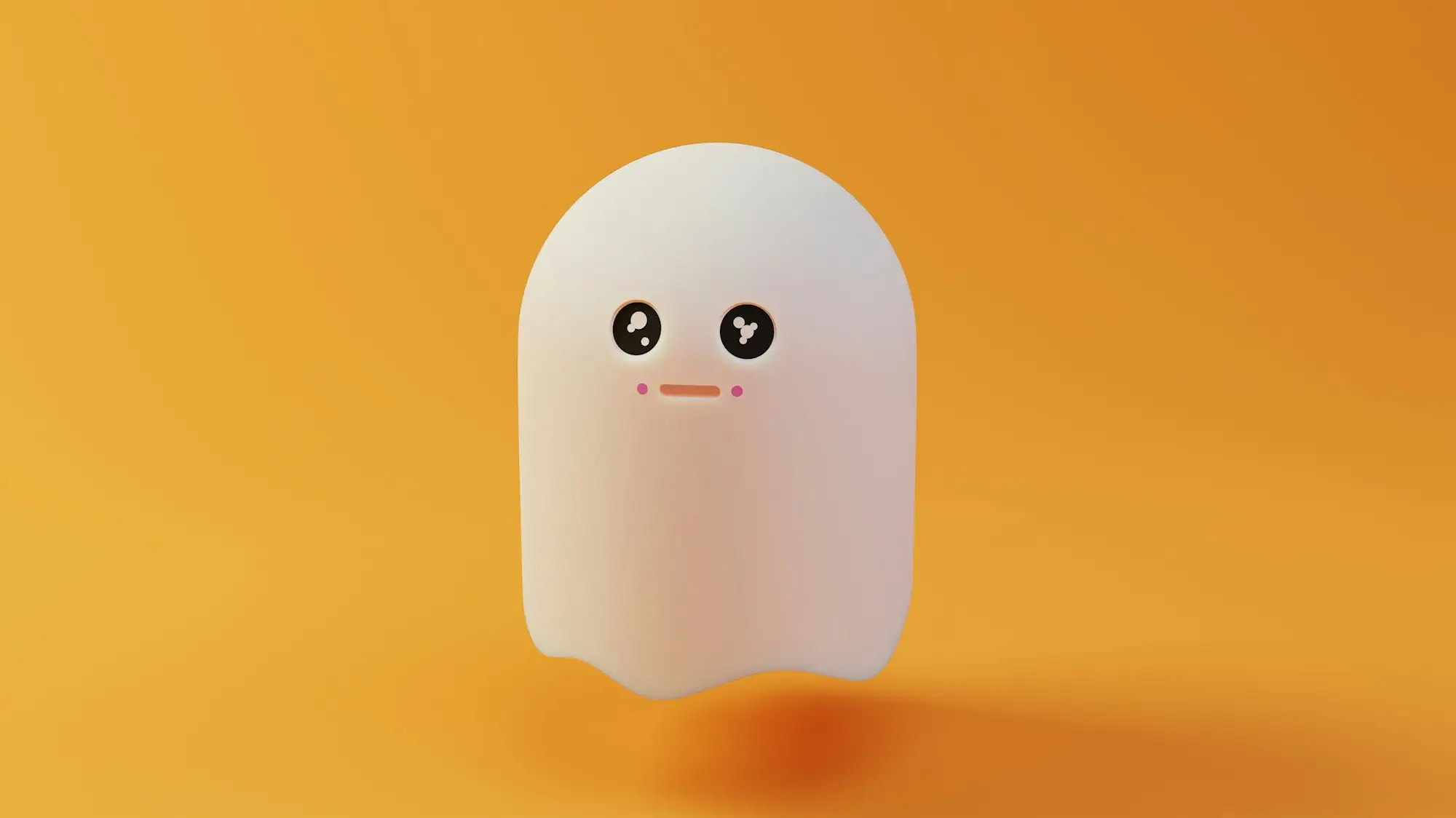 A cute white cartoon ghost with big black eyes floating against an orange background