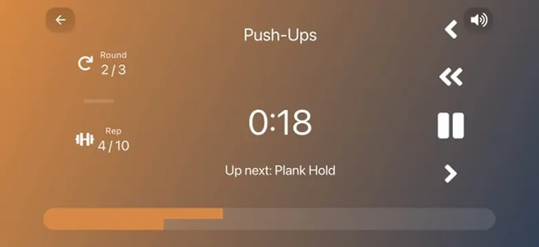 The Tempo timer screen during a push-up step, showing round 2 of 3, rep 4 of 10, 18 seconds left and the next step, Plank Hold