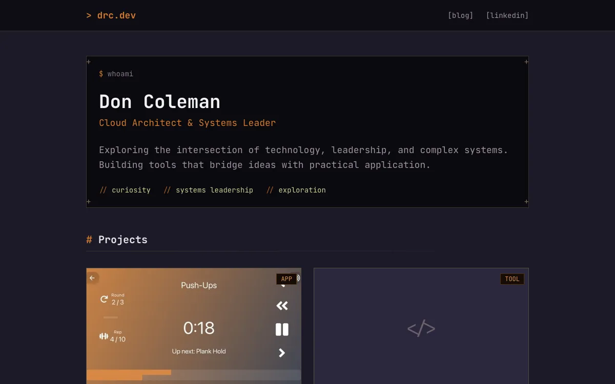 The home page of the first drc.dev, a dark terminal-styled page with a whoami box introducing Don Coleman and a grid of project cards below